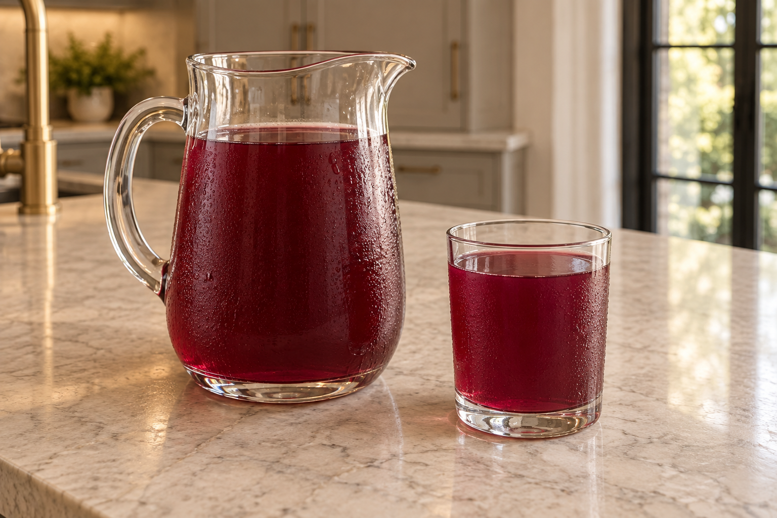 High-angle pitcher and glass of translucent purple blueberry switchel