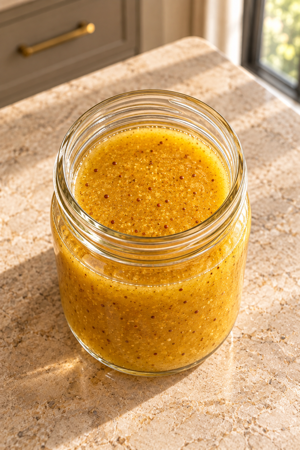 Overhead view of golden honey mustard vinaigrette in a clear glass jar