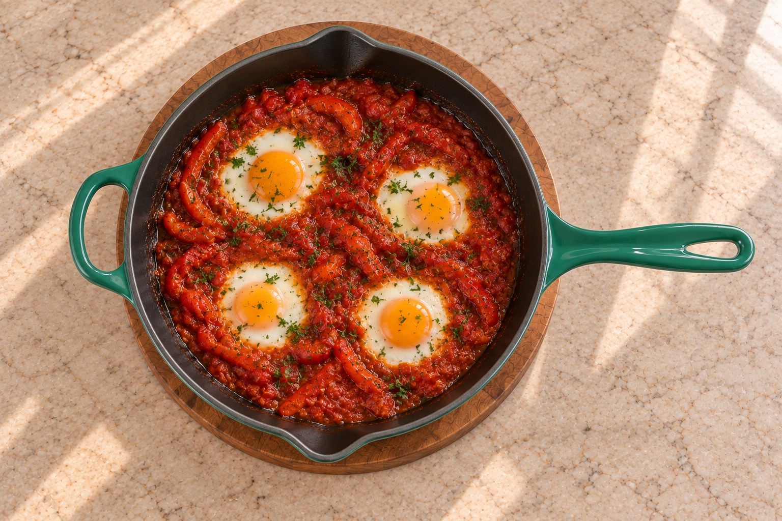 Overhead view of four eggs in meatless tomato and red pepper shakshuka