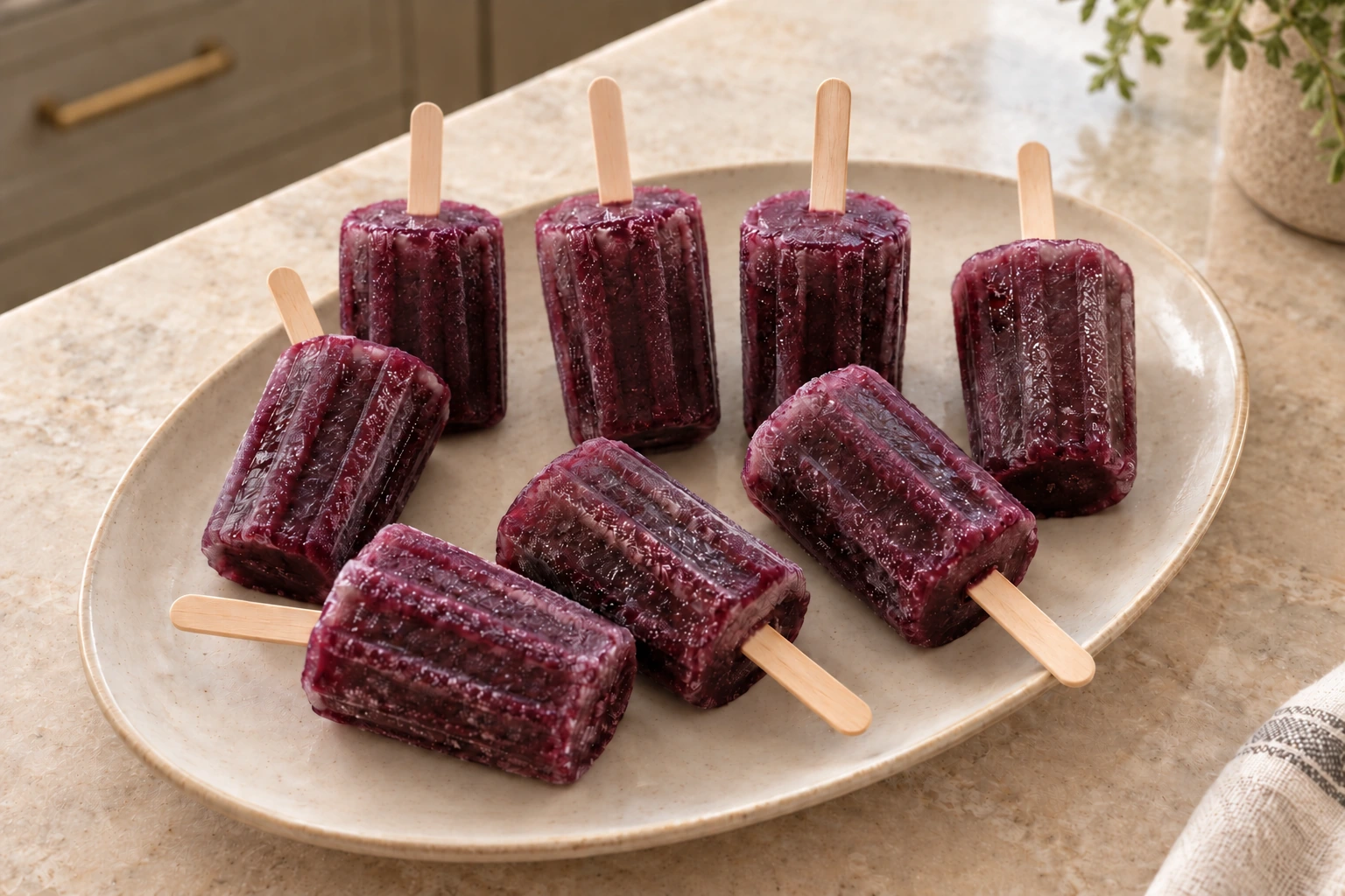 Eight small finished Concord grape juice pops on a cream platter