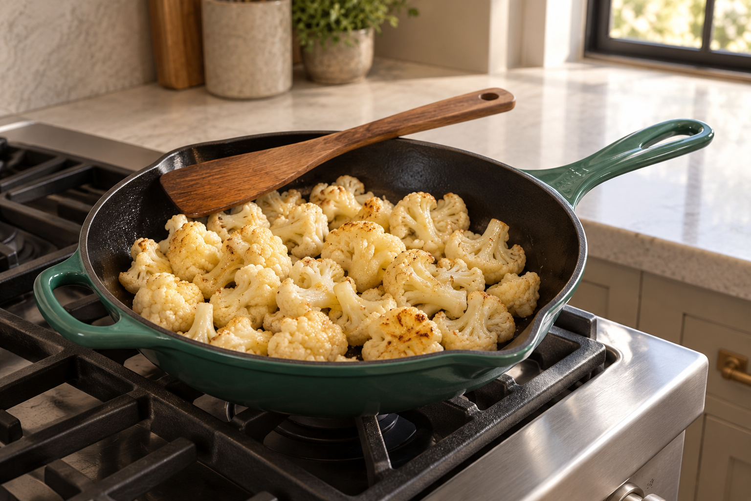 Small cauliflower florets softened in lard in a Le Creuset Artichaut skillet