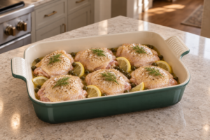 Six raw chicken thighs with lemon capers dill and meat stock in an Artichaut baking dish