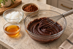 Thick cocoa coconut oil and raw honey base before homemade coconut milk is added