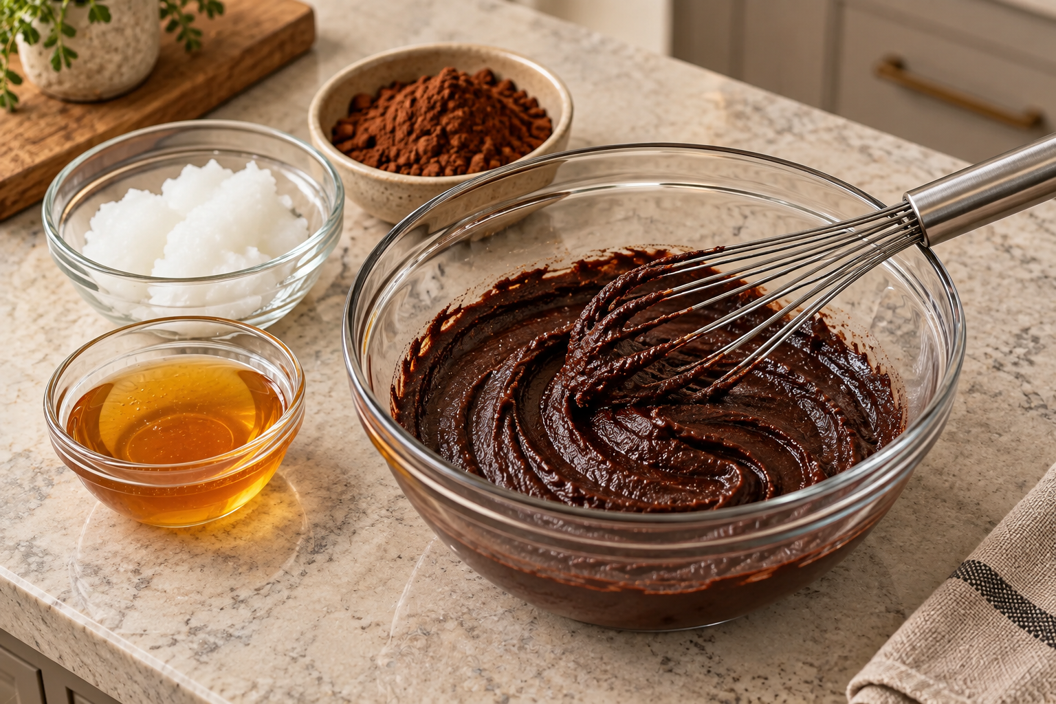 Thick cocoa coconut oil and raw honey base before homemade coconut milk is added