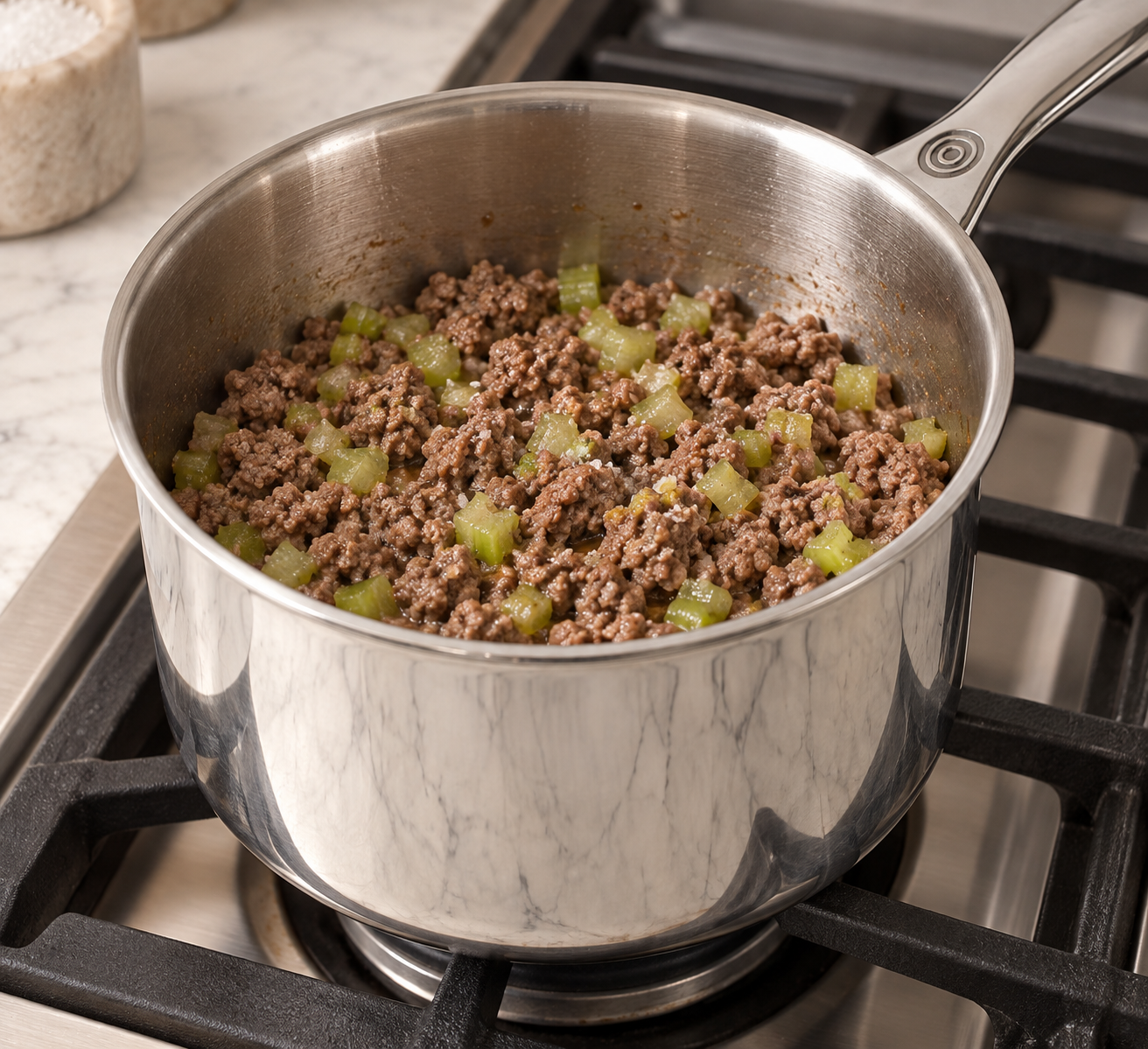 Crumbled ground beef and diced celery cooked until most pink is gone in a stainless saucepan