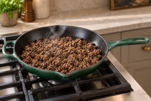 Seasoned ground beef cooked with dill mint rosemary and ginger in an Artichaut skillet