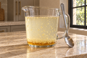 Ginger lemonade ingredients separated in a glass pitcher before stirring
