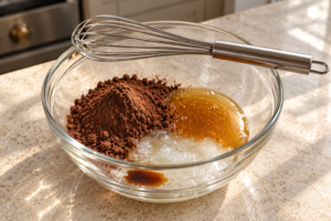 Measured cocoa coconut oil raw honey and homemade vanilla before whisking