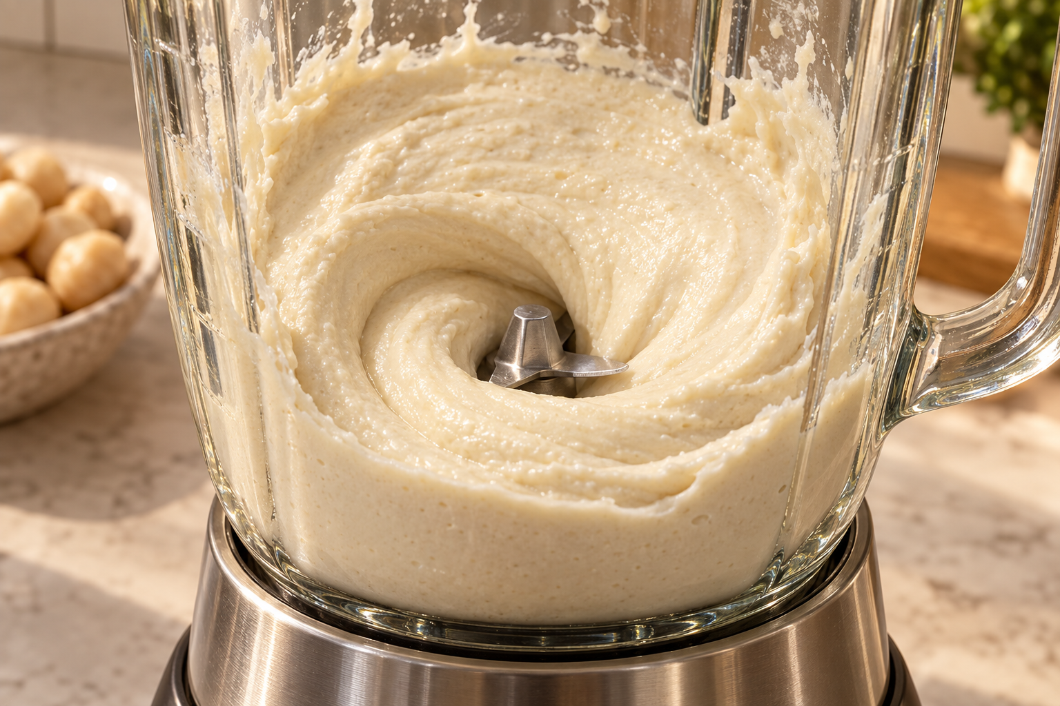 Smooth pale macadamia nut cheese puree moving evenly around the stainless blade in a glass blender jar