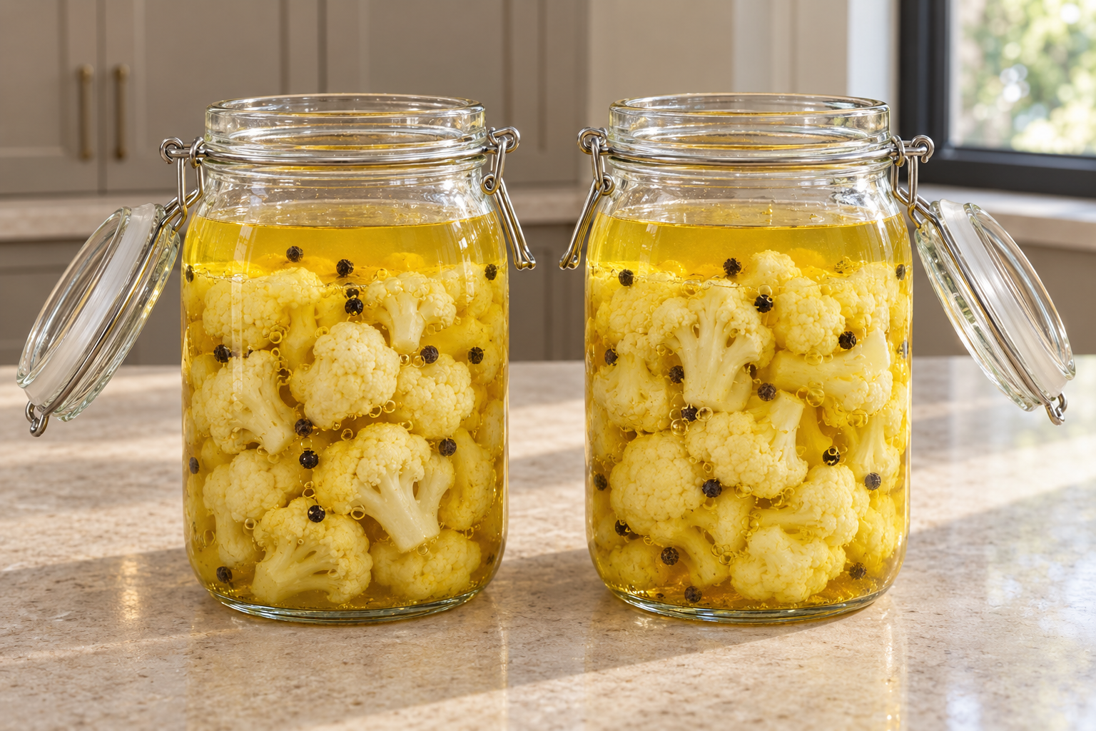 Raw cauliflower florets and peppercorns beneath turmeric brine before fermentation weights are added