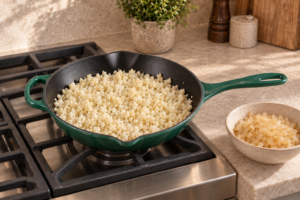 Cauliflower rice reduced in an Artichaut skillet with translucent cooked onions held separately