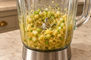 Chunky ginger garlic green onion and lime marinade in a glass blender jar before coating salmon