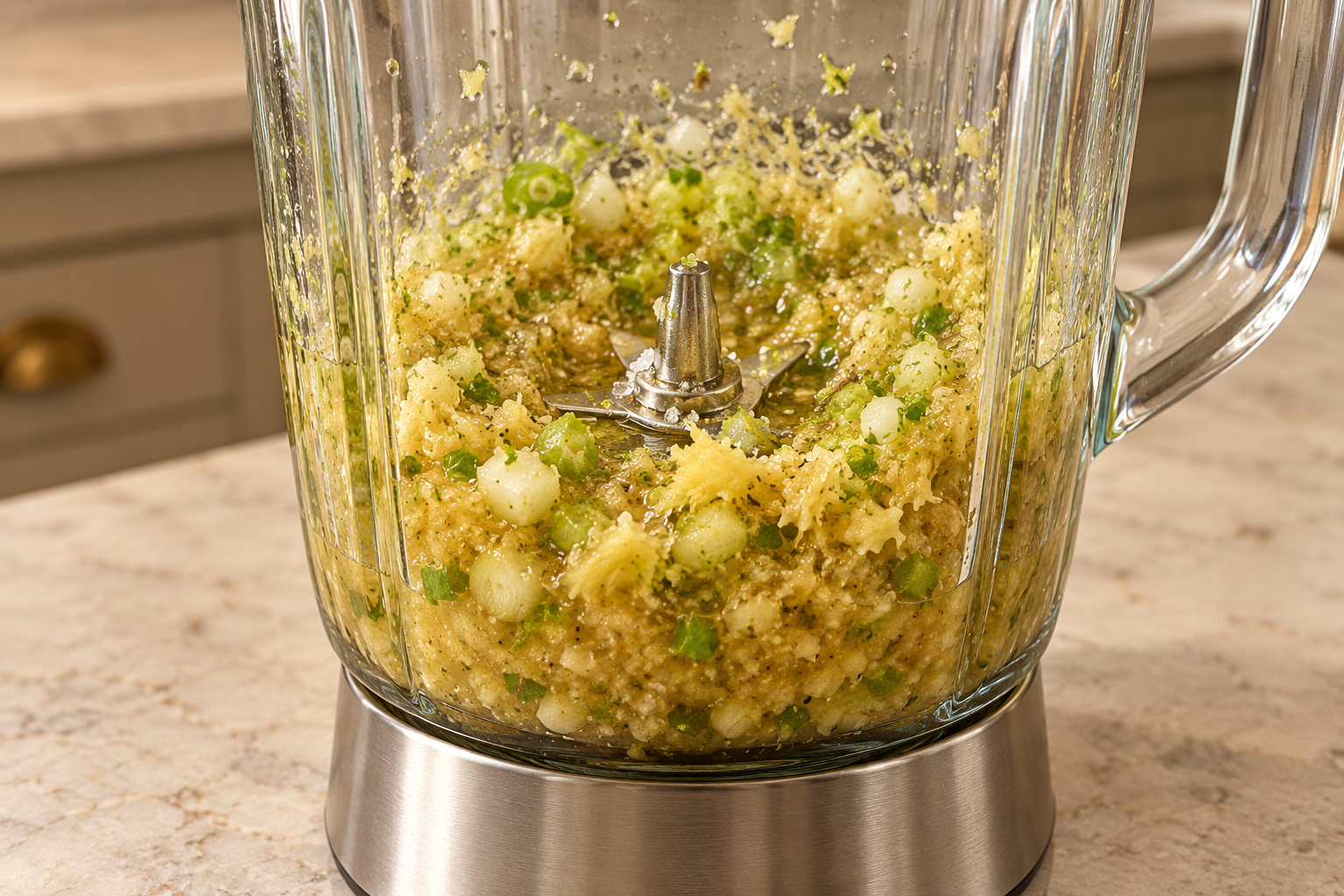 Chunky ginger garlic green onion and lime marinade in a glass blender jar before coating salmon