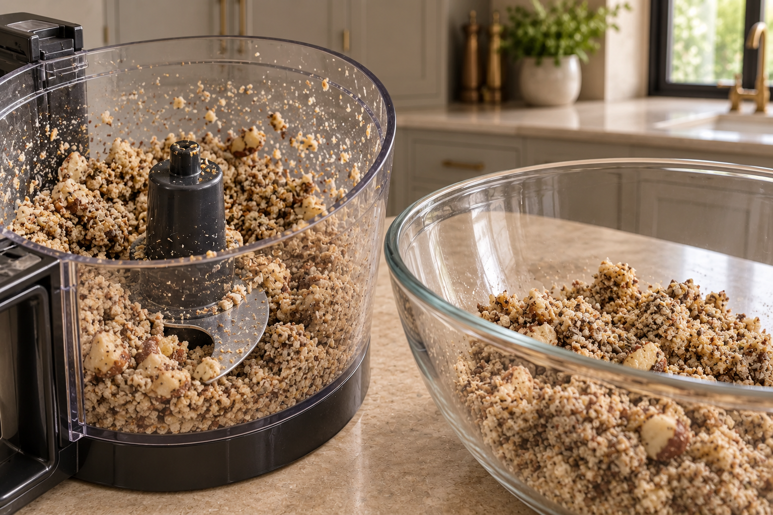Coarse damp Brazil-nut and sunflower-seed meal before the remaining ingredients are added