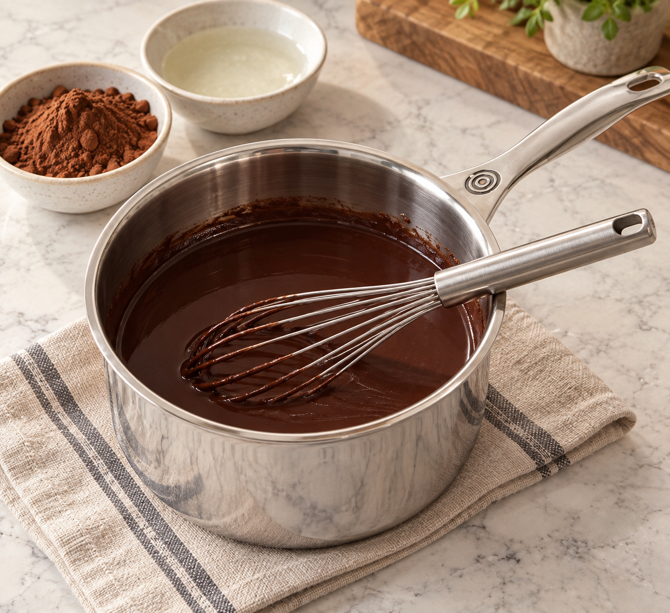 Pure cocoa and coconut oil whisked smooth in a stainless saucepan before raw honey