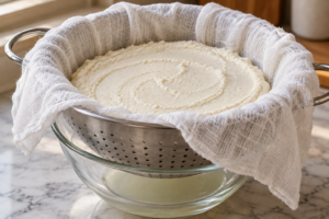 Fresh smooth macadamia coconut-oil cheese puree in cheesecloth lining a stainless colander over a glass bowl
