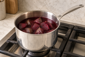 Fork-tender unpeeled beet chunks in a Le Creuset stainless saucepan