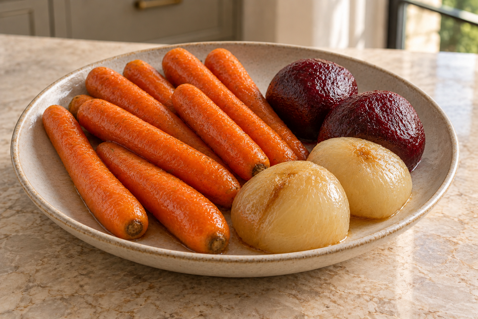 Eight cooked carrots two beets and two softened onions cooling after pressure cooking