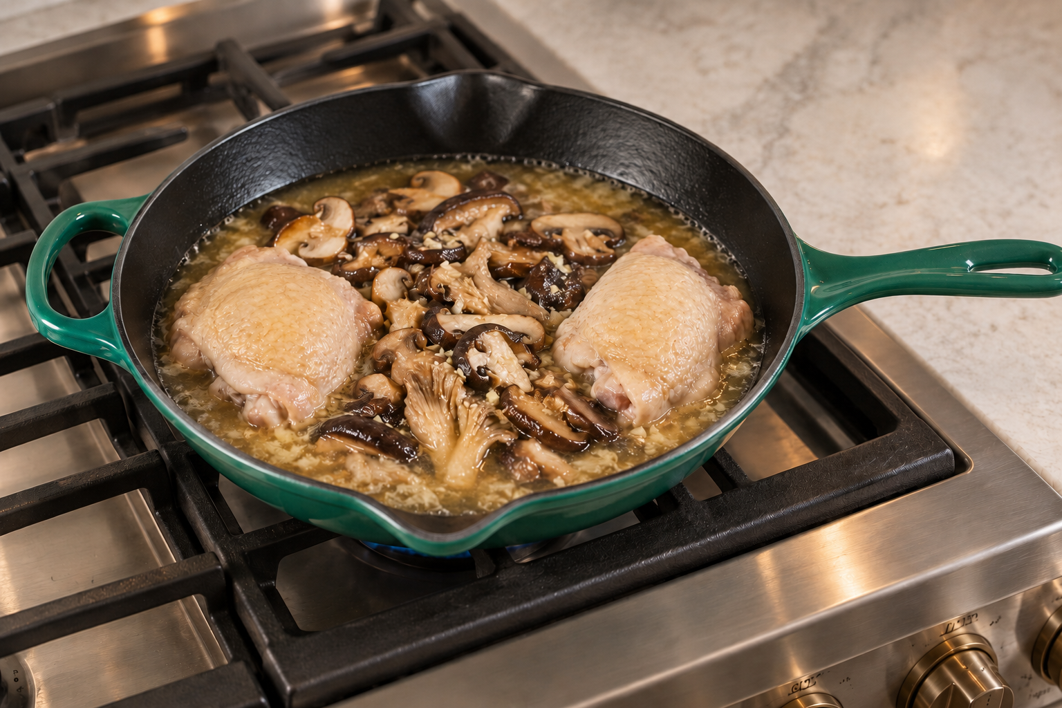 Pale skin-on chicken thighs and three mushrooms beginning a quiet simmer in an Artichaut skillet