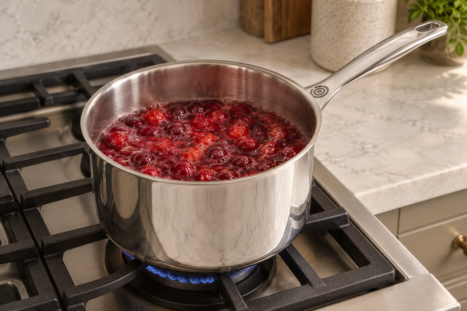 Whole cranberries simmering in water with softened split skins in a stainless saucepan