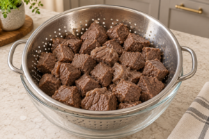 Tender cooked stew beef drained in a supported stainless colander before frying