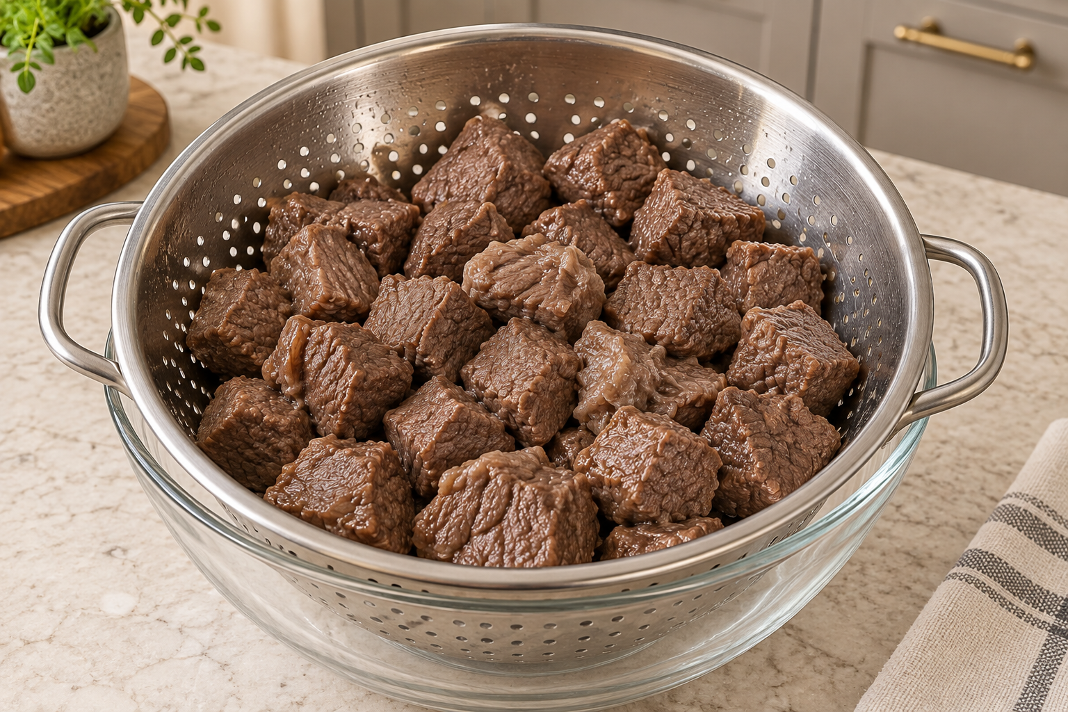 Tender cooked stew beef drained in a supported stainless colander before frying