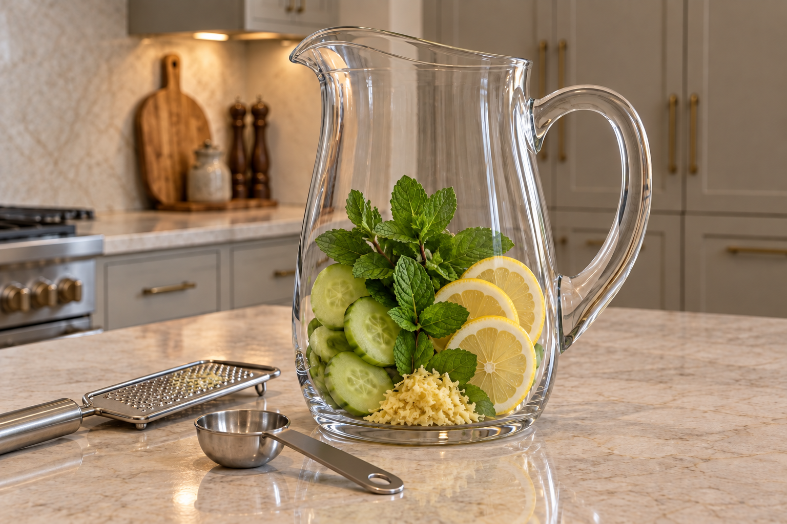 Peeled cucumber three lemon rounds mint and grated ginger in a dry glass pitcher