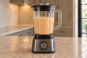 Smooth cantaloupe coconut milk and cultured sour cream mixture in a stopped blender