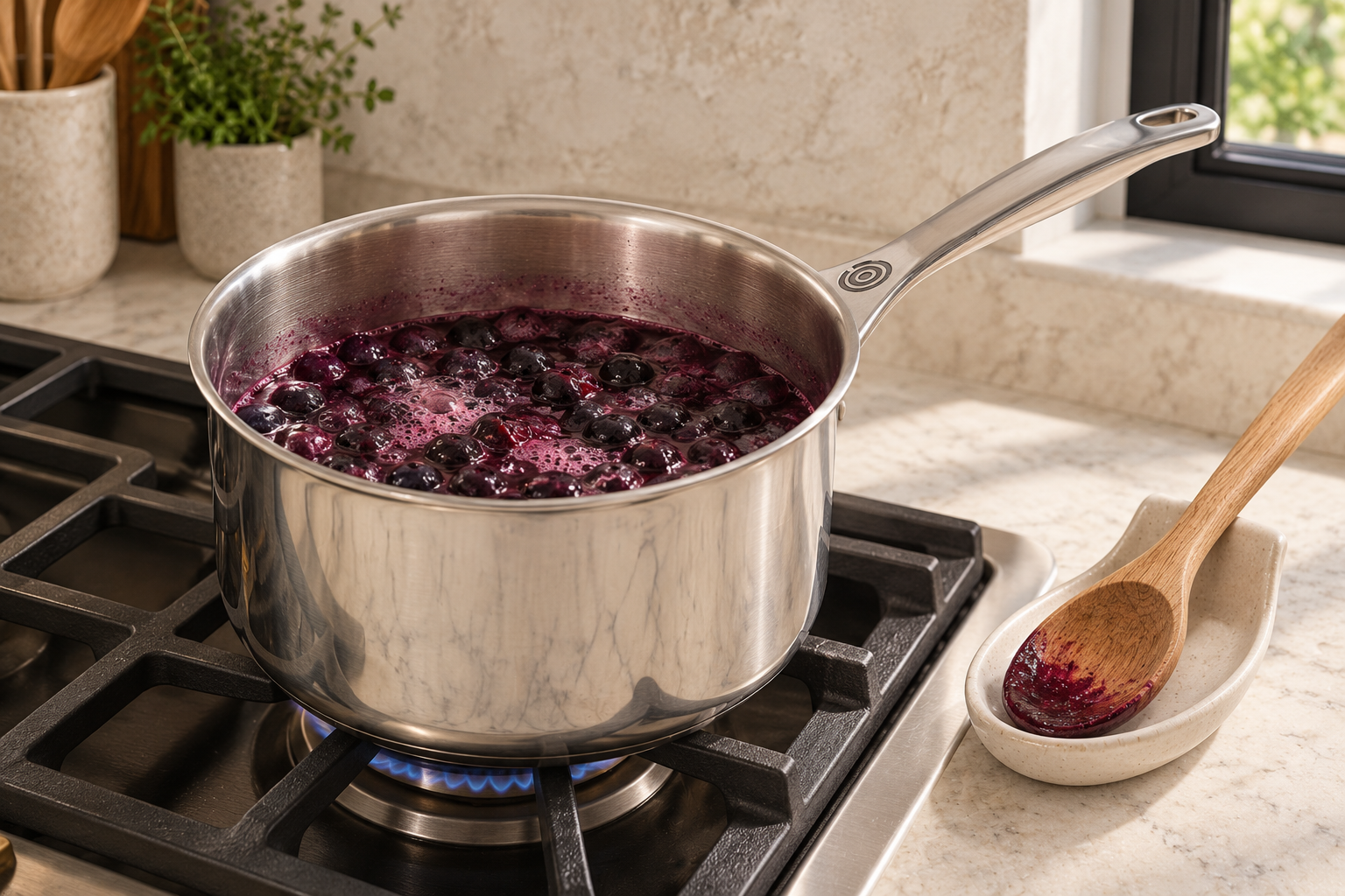 Blueberries and bloomed gelatin reaching their first simmer in a Le Creuset stainless saucepan
