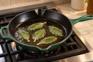 Five fresh sage leaves sizzling in nonsmoking fat in an Artichaut Le Creuset skillet