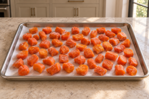 Fully cooked carrot chunks frozen separately on parchment before blending