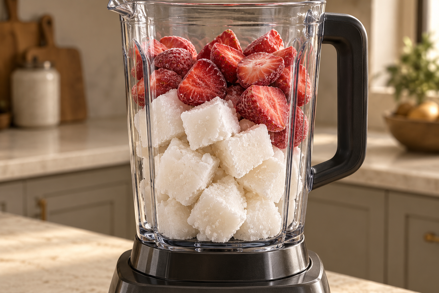 Frozen homemade coconut milk cubes and halved strawberries in a glass blender before blending