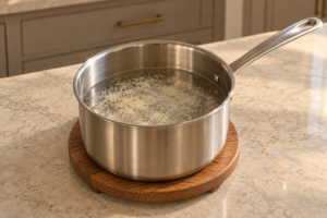 Gelatin blooming in filtered water in a stainless saucepan