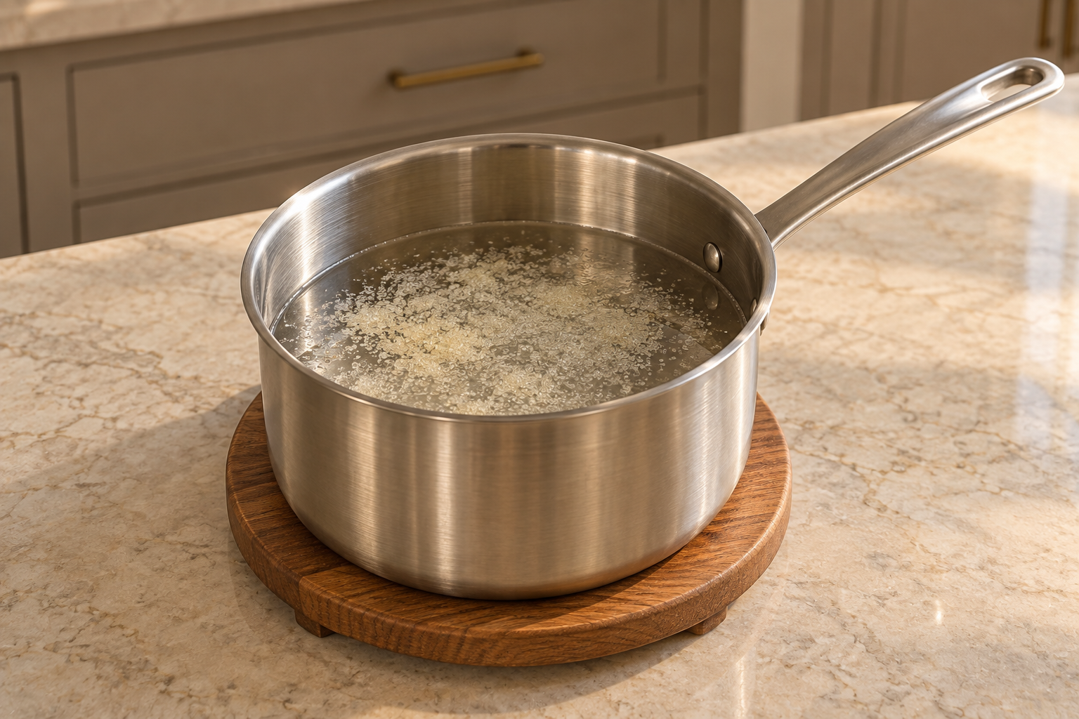Gelatin blooming in filtered water in a stainless saucepan