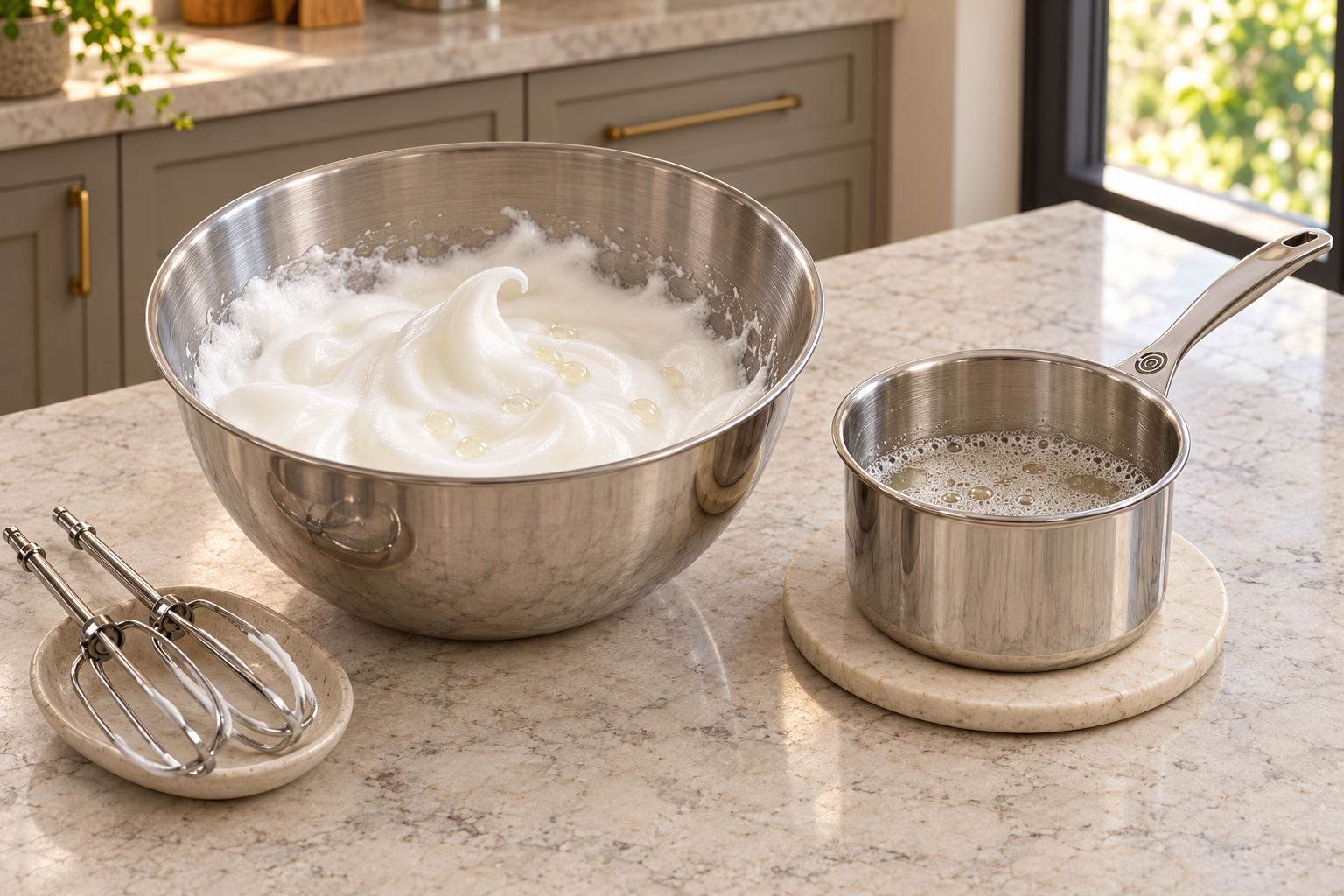 Whipped egg whites with dissolved gelatin beside a supported stainless saucepan at the soft-to-stiff peak stage