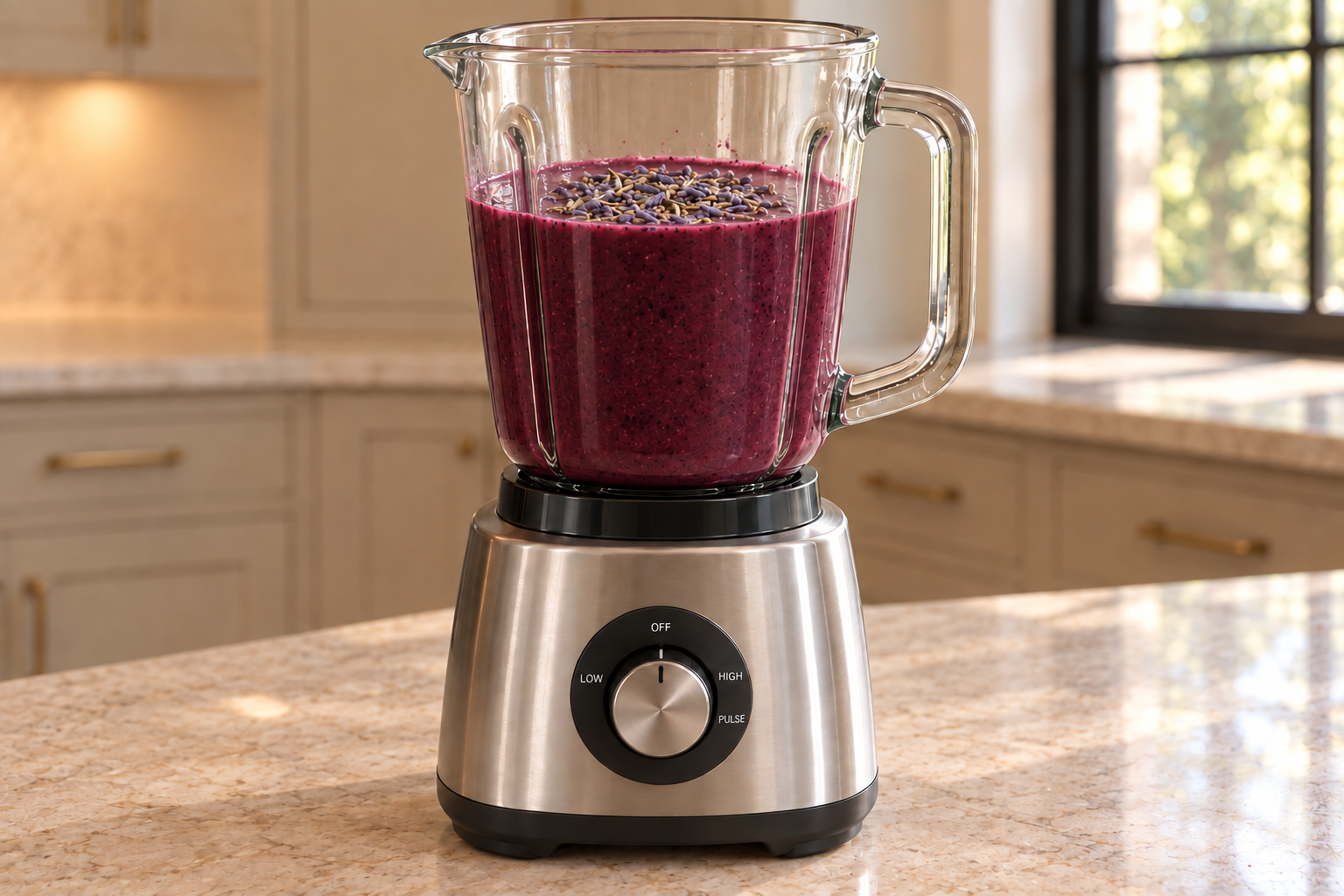 Culinary lavender buds resting on fluid blueberry puree before a ten-second blender pulse