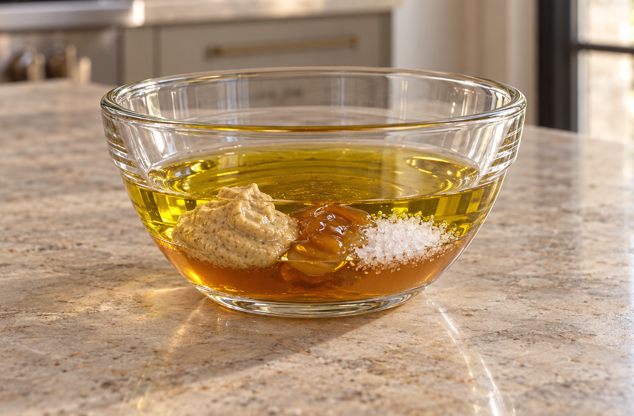 Olive oil, raw apple cider vinegar, Dijon mustard, raw honey, and sea salt layered in a glass bowl before whisking