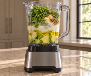 Avocado cilantro homemade coconut milk oil water lime and seasonings loaded in a supported blender