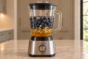 Blueberries, raw honey, minced ginger, vinegar, and water loaded in a blender