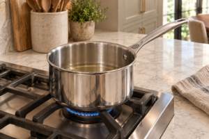 Measured coconut oil just liquid over low heat in the registered stainless saucepan