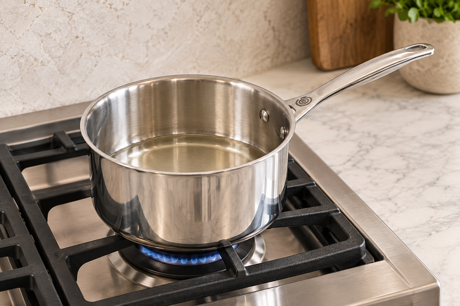 Measured coconut oil just liquid over low heat in a supported stainless saucepan