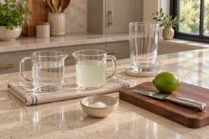 Equal measures filtered water and pure coconut water with lime and mineral salt before mixing
