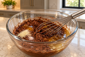 Cocoa gelatin coconut oil and raw honey partly mixed with no added water