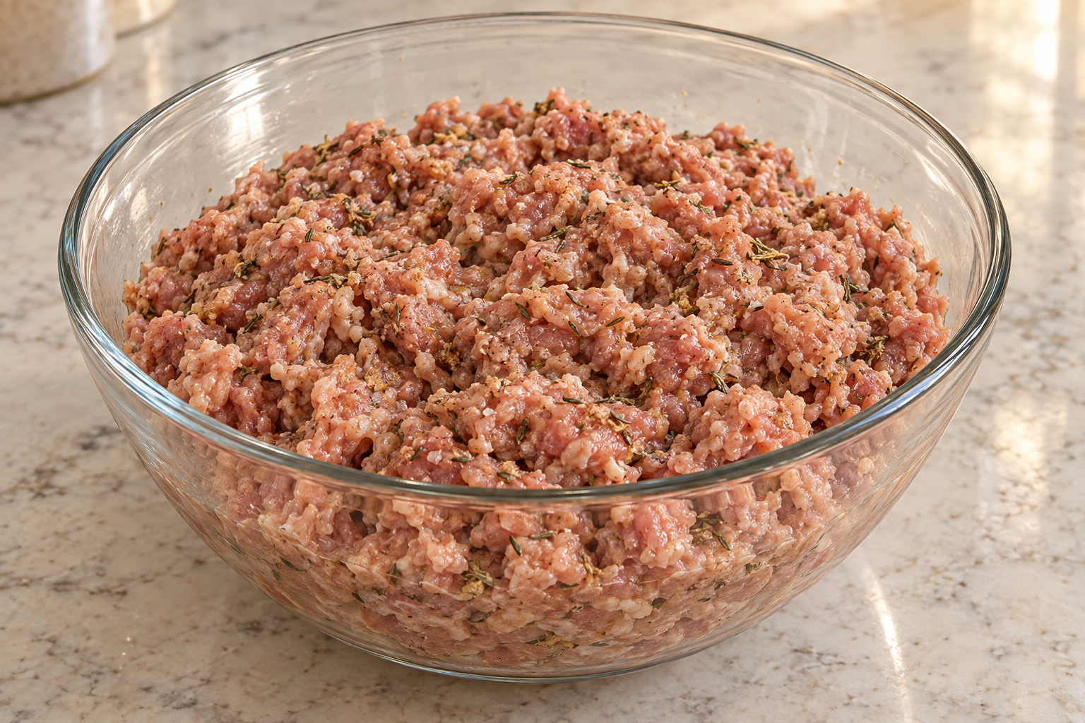 Two pounds of raw ground turkey thigh lightly mixed with dried thyme, mineral salt, ginger, and coconut aminos