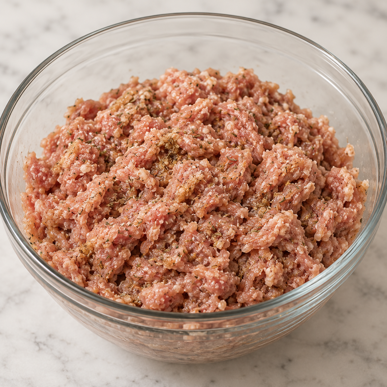 Two pounds of ground turkey thigh gently mixed with dried thyme, mineral salt, ginger, and coconut aminos