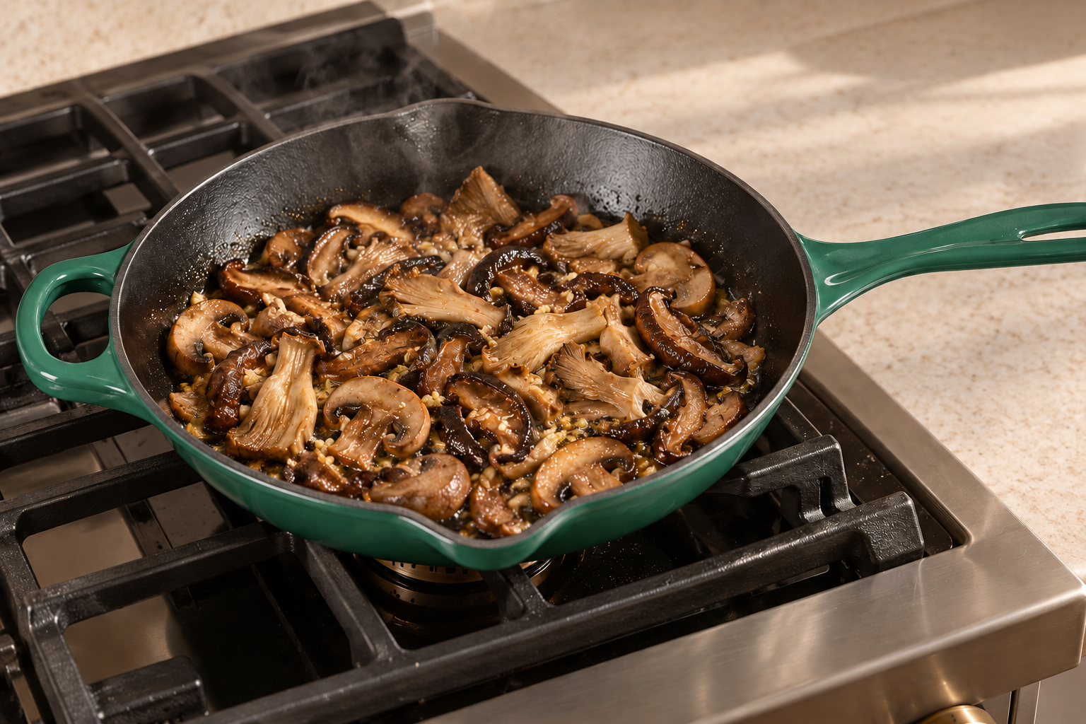 Three kinds of mushrooms sautéed with ginger and garlic in an Artichaut skillet