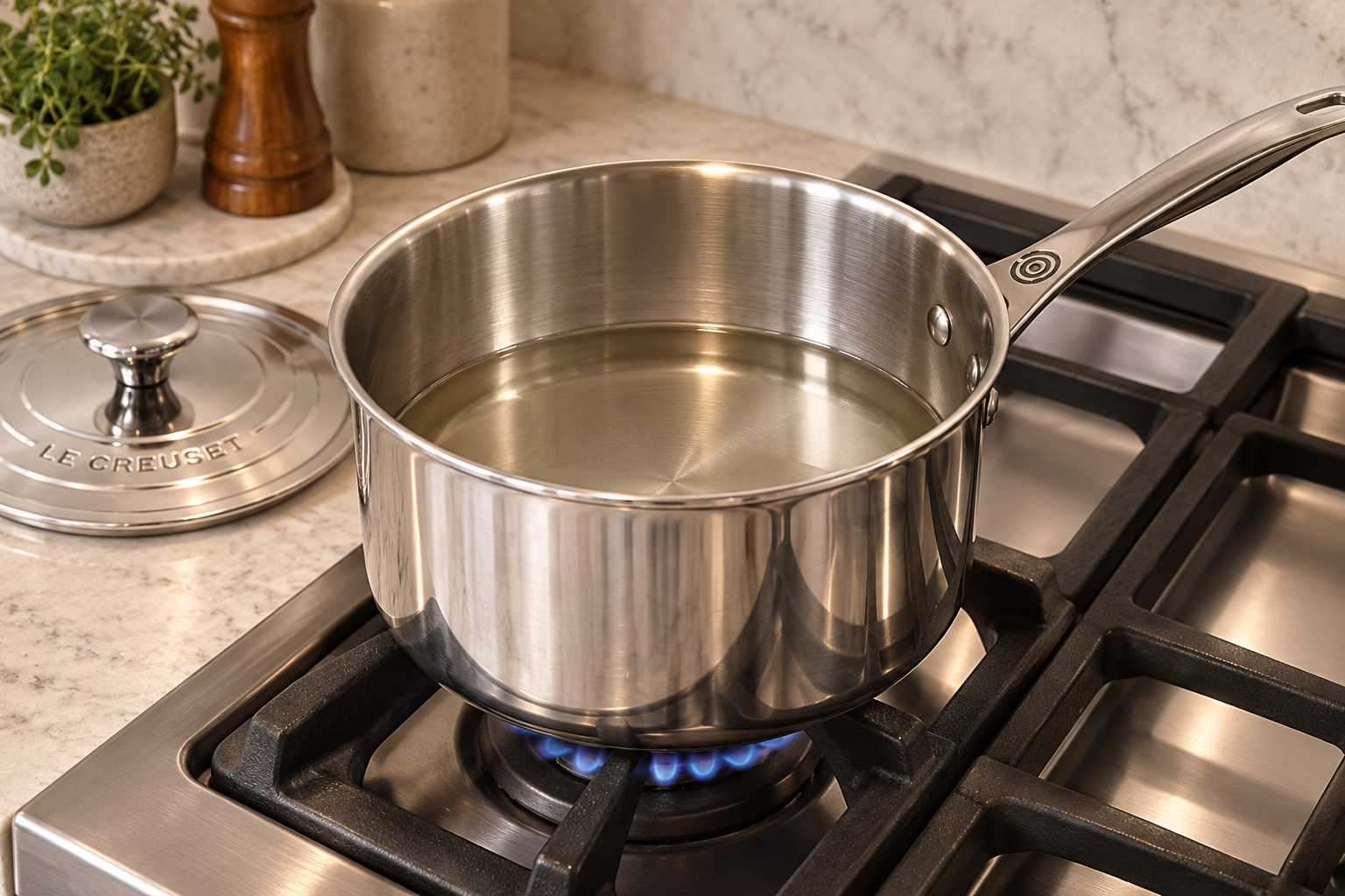 Coconut oil just melted over low heat in the exact Le Creuset stainless saucepan