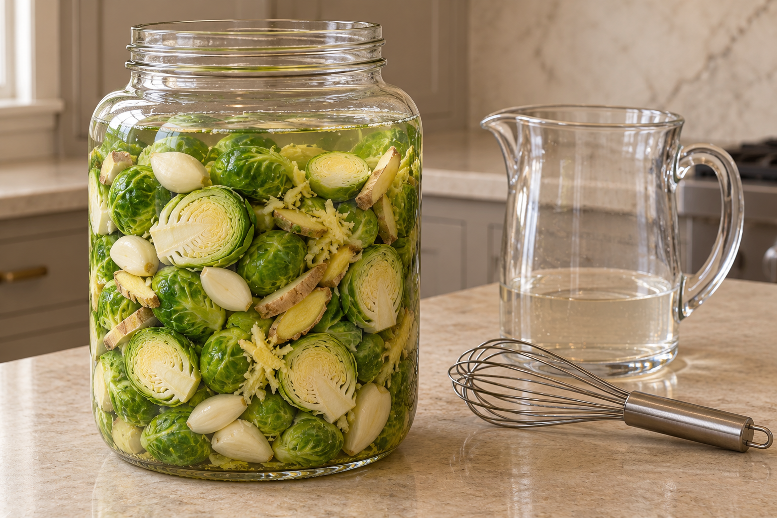 Halved Brussels sprouts garlic and ginger packed under five percent brine