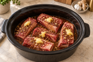 Raw bone-in short ribs arranged with coconut aminos honey ginger garlic five-spice sauce and ghee in a slow cooker
