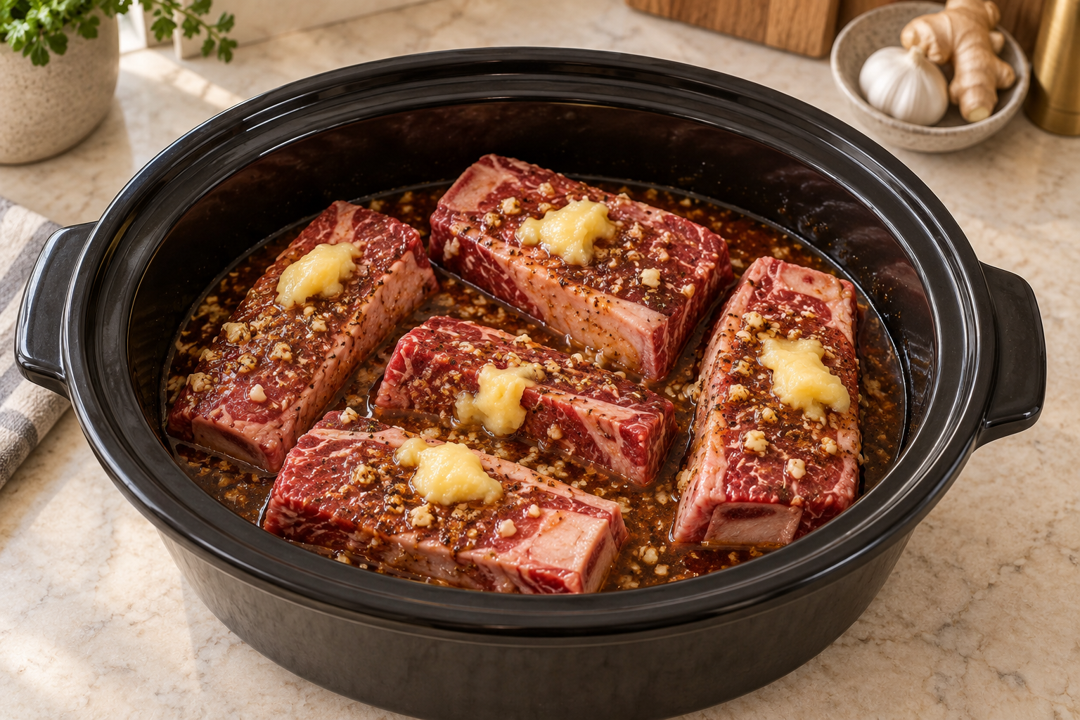 Raw bone-in short ribs arranged with coconut aminos honey ginger garlic five-spice sauce and ghee in a slow cooker